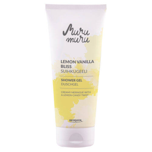 Muru Muru Lemon Vanilla Bliss suihkugeeli tuubipakkauksessa, keltainen akvarellikuviointi ja Berner-logo.